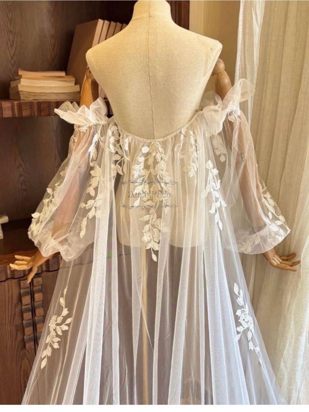 Sheer White Embroidered Off-Shoulder Bridal Robe